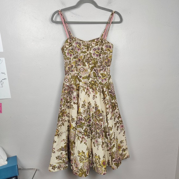 Vintage Anthropologie Elevenses Dress Womens 2 Cream Floral Print Sequins Boho - Picture 2 of 13